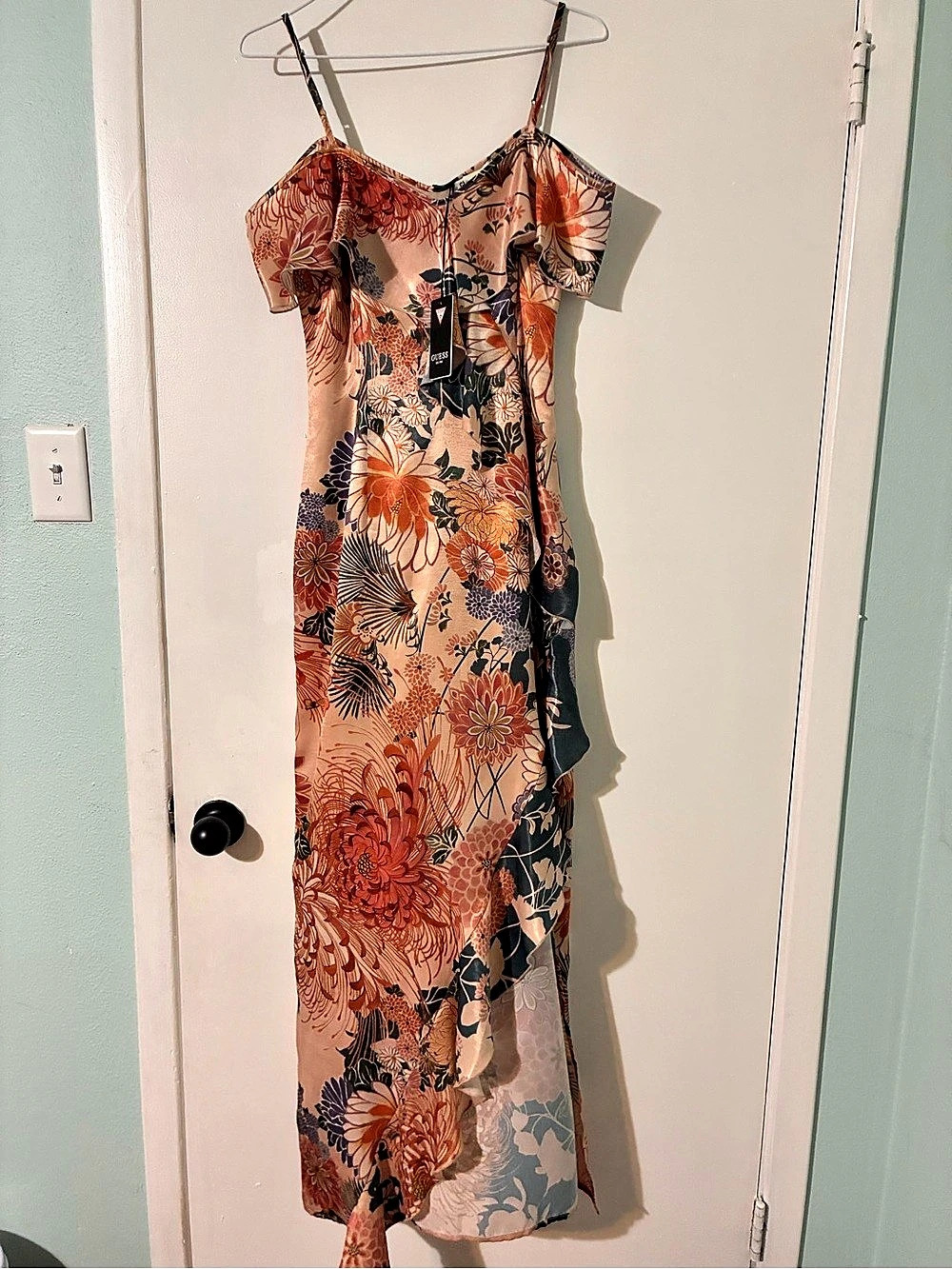 GUESS Floral-Print Ruffled Cold-Shoulder Tiered Maxi Dress Pink & Blue